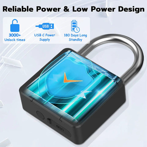 Fingerprint Padlock With Bluetooth Key Backup Heavy Duty Waterproof Lock showcasing power and charging features