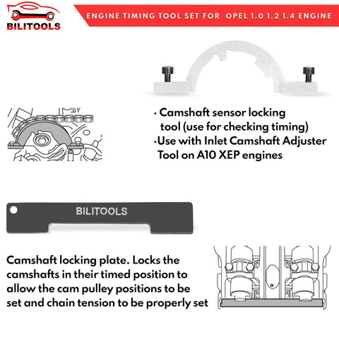Turbo Engine Timing Tool Kit showcasing camshaft locking tools and sensor for GM Cars Compatible With Chevy and Opel models.