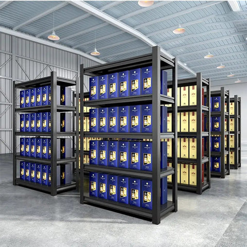 Rock Solid Heavy Duty Garage Shelving Unit With Adjustable Metal Storage Racks And Rust Proof Steel Utility Shelf showing organized boxes in large space.