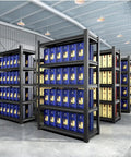 Badass Six Tier Heavy Duty Metal Shelving Unit Rust Proof Garage Storage Rack Adjustable Utility Shelf displaying storage bins in a warehouse.