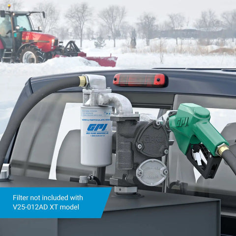 Workhorse 25 Gpm Fuel Transfer Pump With Auto Shutoff Nozzle Plug And Play 12 Volt Diesel Gas Line Kit mounted on truck.