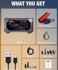 A7 Jump Starter With Air Compressor And All In One Power Pack components including cables, air hose, and nozzles.