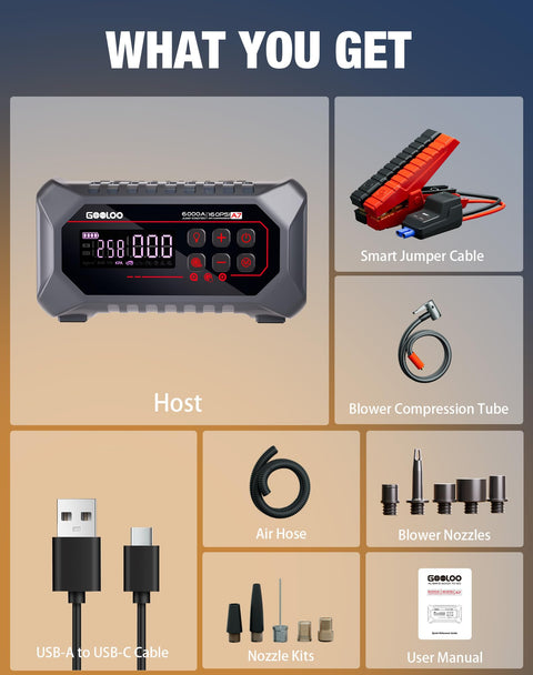 A7 Jump Starter With Air Compressor And All In One Power Pack components including cables, air hose, and nozzles.