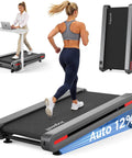 Ultra Quiet Under Desk Treadmill With Auto Incline 12 To 20 Percent 3.0 To 3.5 HP Brushless Motor 18 Inch Wide Deck Heavy Duty 450 Lb Capacity Vertical Storage Ideal For Home Office Workouts, shown from top and side views.