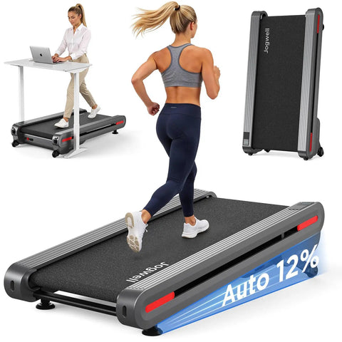 Ultra Quiet Under Desk Treadmill With Auto Incline 12 To 20 Percent 3.0 To 3.5 HP Brushless Motor 18 Inch Wide Deck Heavy Duty 450 Lb Capacity Vertical Storage Ideal For Home Office Workouts, shown from top and side views.