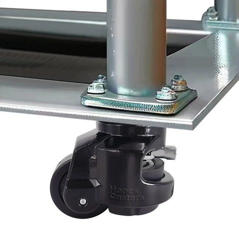 Self Leveling Swivel Caster With Ratchet Handle And Retractable Plate For Workbenches And Machines installed on metal frame