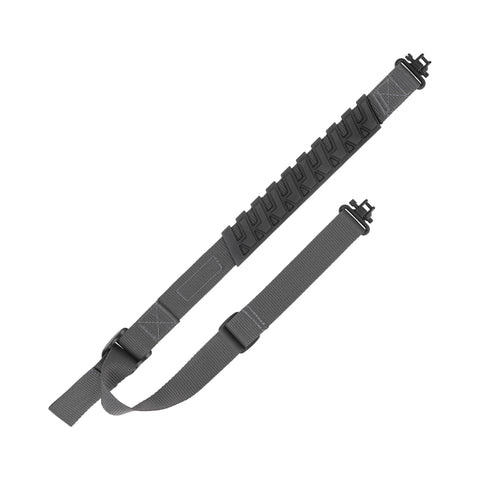 Baktrak Traction Web Rifle Sling 36 Inch With 500 Pound Swivels shown extended with ergonomic shoulder pad in Gray Marlin Finish