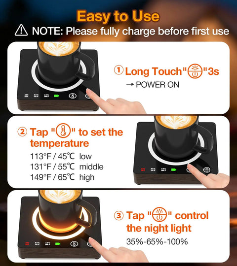 Cordless Mug Warmer With Built In Portable Charger Keeps Coffee Piping Hot On Desks Using Three Heat Settings Perfect For Office Routines And Road Trips Zero Tangled Cords Required To Slay Your Morning Brew Ritual; detailed usage instructions.