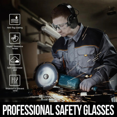 Worker using Bluetooth Hearing Protection Earmuffs With Rechargeable Battery NRR 25 Decibels Noise Canceling and safety glasses.