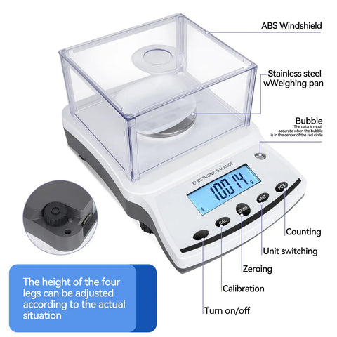 No Nonsense Ultra Precise 500g X 0.001g Pro Grade Analytical Balance Scale With Windshield And RS232 Data Interface showing LCD and buttons