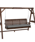 Three Seat Porch Swing With Stand Outdoor Patio Bench For Garden And Poolside Use With Comfy Cushioned Seat Side Trays And Durable Metal Chains Carbonized Brown