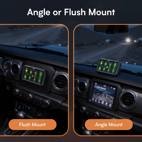 RGB 8 Gang Switch Panel With Momentary Toggle And Pulsed Memory For 12-24V Vehicles mounted in flush and angle positions on dashboard