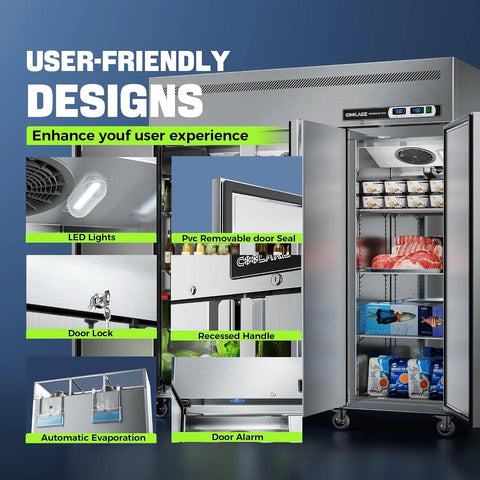 User-friendly designs of Built Tough For The Daily Grind 72 Inch Wide 3 Door Commercial Refrigerator And Freezer Combo with LED lights and door lock.