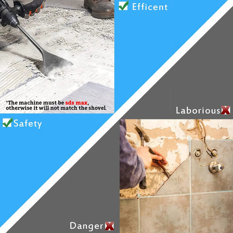 Comparison of using 15 Inch Long SDS Max Tile Removal Chisel With 6 Inch Wide Shank for efficient flooring and manual labor.