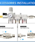Accessories installation guide for Top Rated 3 8 NPT Three Stage Air Dryer And Regulator Kit with detailed connection instructions.