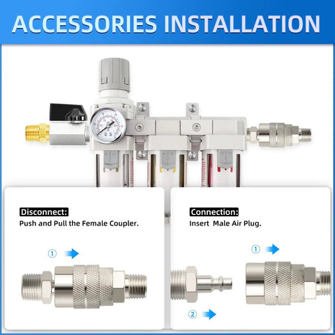 Accessories installation guide for Top Rated 3 8 NPT Three Stage Air Dryer And Regulator Kit with detailed connection instructions.
