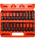 One Half Inch Drive Master Impact Hex Bit Set With SAE And Metric Bits, 20-Piece Allen Socket Kit, CR-Mo Steel, red case visible