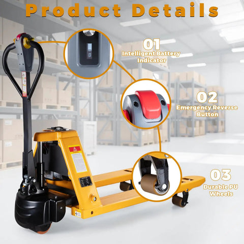 Heavy Duty Electric Pallet Jack 3300 Lbs Capacity Motorized Pallet Truck With 48V 10Ah Battery showing battery indicator, emergency reverse button, durable PU wheels.