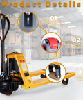 Heavy Duty Electric Pallet Jack 3300 Lbs Load Capacity With Dual Lithium Batteries For No Sweat Warehouse Material Handling And All Day Run Time On Forty Eight Inch Forks, showing battery indicator, reverse button and PU wheels.