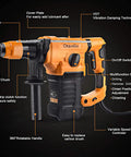 Heavy Duty 1-1/4 Inch SDS-Plus Rotary Hammer Drill With 12.5 Amp Motor shown with labeled parts and functions