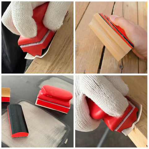 No Fuss Hand Sanding Block Set Of 16 With Hella Durable Foam Pads and Fast Hook And Loop Attachment For Smooth Furniture Refinishing Auto Scratch Removal And Sharp Craft Jobs Delivered In Vibrant Red being used on various surfaces.