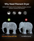 No Sweat 3D Printer Filament Drying Heater Kit Upgrades Bambu Lab AMS Gen One comparison of dried and wet PLA elephant models.