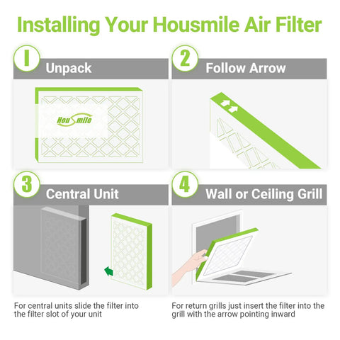 Installation steps for Air Filter 20x20x1 6 Pack With ABS White Frame MERV 11 MPR 1000 for HVAC systems at home or office.