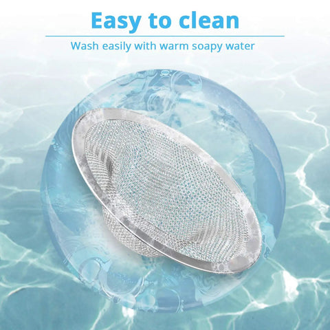 Stainless Steel Sink Strainer Basket 2.25 Inch Drain Hair Catcher 4 Pack, showing easy cleaning in water with mesh detail