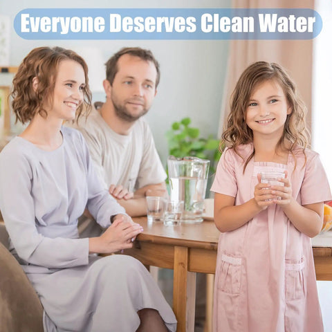 Family enjoying water using Three Pack Replacement Filter Cartridges For Pitchers And Dispensers With Multi Stage Filtration.