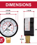 Front view: Winters 2-inch dial pressure gauge, brass internals, black steel case, 1/4 NPT bottom mount, dual psi/kPa