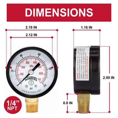 Front view: Winters 2-inch dial pressure gauge, brass internals, black steel case, 1/4 NPT bottom mount, dual psi/kPa