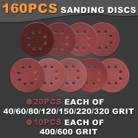 5 Inch 8 Hole Hook And Loop Sanding Discs Set With 160 Pcs Grit 40 60 80 120 150 220 320 400 600 for woodworking