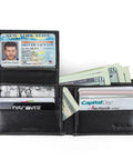 Open RFID Blocking Leather Wallet For Men With Removable ID Holder And Slim Design, EDC Ready Passcase Style, showing card slots and bills.