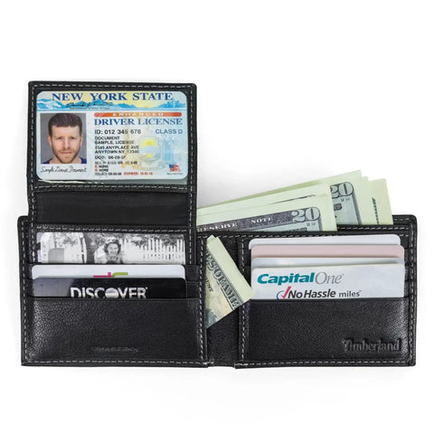 Open RFID Blocking Leather Wallet For Men With Removable ID Holder And Slim Design, EDC Ready Passcase Style, showing card slots and bills.
