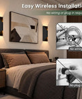 Nsleaiy Wireless Wall Sconces Set of Two, Rechargeable Wall Lights installed beside bed, showing easy wireless setup.