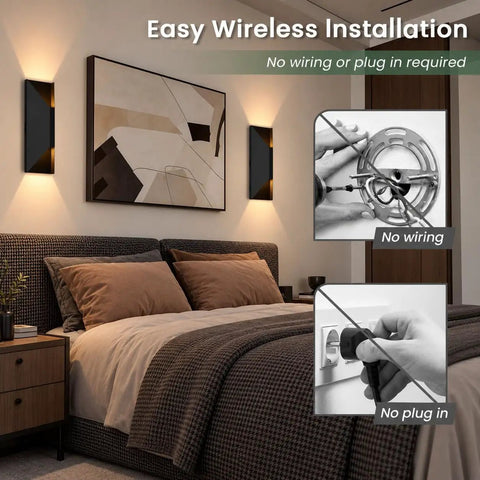 Nsleaiy Wireless Wall Sconces Set of Two, Rechargeable Wall Lights installed beside bed, showing easy wireless setup.