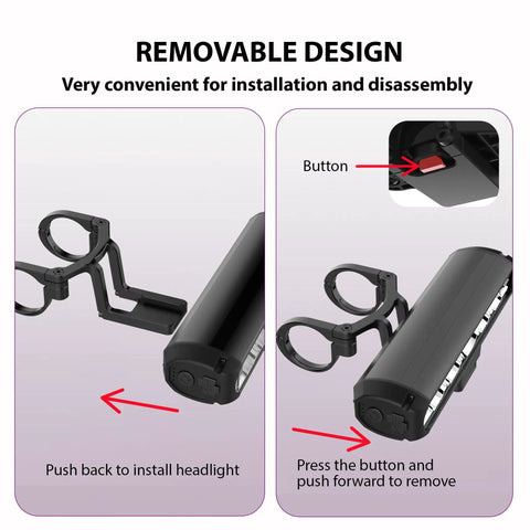 Lit Ultra Bright 2600 Lumen Bike Light Set showing removable design with USB C rechargeable feature for easy installation.