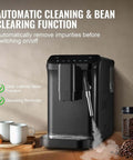 Automatic Espresso Machine With Built In Grinder, 20 Bar Pressure, Frother Steam Wand, showing side view with steam and accessories.