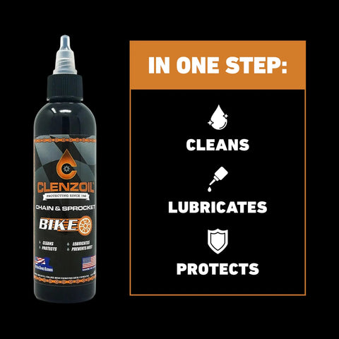 All In One Chain Cleaning Kit Built For Riders With Wet And Dry Lube Performance includes Clenzoil bottle and cleaning icons