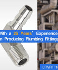 Heavy Duty 90 Degree Elbow Stainless Steel 316 Hose Barb Fitting Quarter Inch ID Tube To One Eighth Male NPT Pipe Connection showing clear detail.