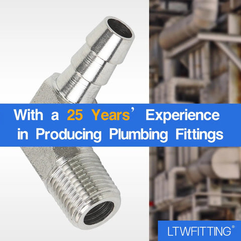 Heavy Duty 90 Degree Elbow Stainless Steel 316 Hose Barb Fitting Quarter Inch ID Tube To One Eighth Male NPT Pipe Connection showing clear detail.