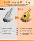 Comparison of ordinary vs brazed diamond drill bits for tile and glass, showing longer service life and improved design.
