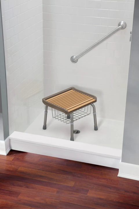 Heavy Duty Shower Seat With Built In Storage For Bathrooms, Adjustable Height From 7 To 21 Inches, Stainless Finish in shower