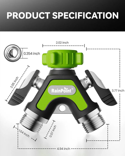 All Metal Garden Hose Splitter 2 Way Y Valve With Extra Long 2.05 Inch Handle Built Tough Heavy Duty Shut Off Valves, dimensions shown
