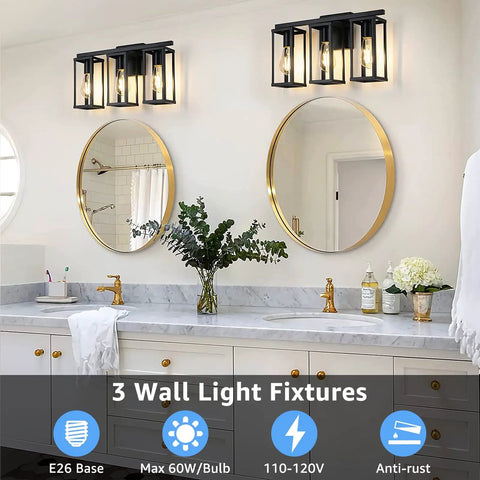 3 Light Farmhouse Vanity Light With Metal Cage In Black Anti Rust Wall Lamp above bathroom mirror with gold rim