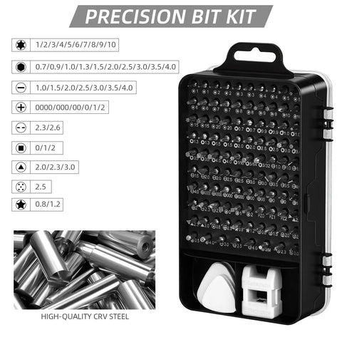 115 In 1 Precision Screwdriver Set With Micro Magnetic Bits For Electronics Repair shown in a black storage case with labeled sizes.