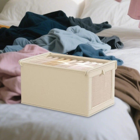 No Stress Foldable Storage Cubes With Heavy Duty Dual Handles For Thick Blankets Linens And Winter Jackets Fast To Flatten And Stack Away Every Single Day on a bed among clothes.