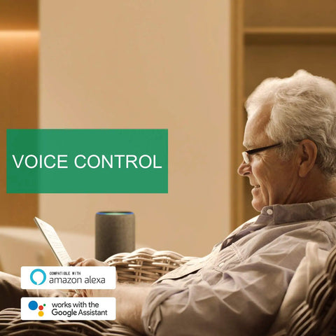 Man using smart speaker compatible with Alexa and Google Home, promoting voice control feature for 3 Way Smart Dimmer Switch 4 Pack With Trailing Edge Technology, Touch Dimmer, SmartLife App Control, Alexa Compatible WiFi Light Switches, Google Home Ready For LED CFL And Incandescent Bulbs, Setup Is A Breeze With Voice Control.