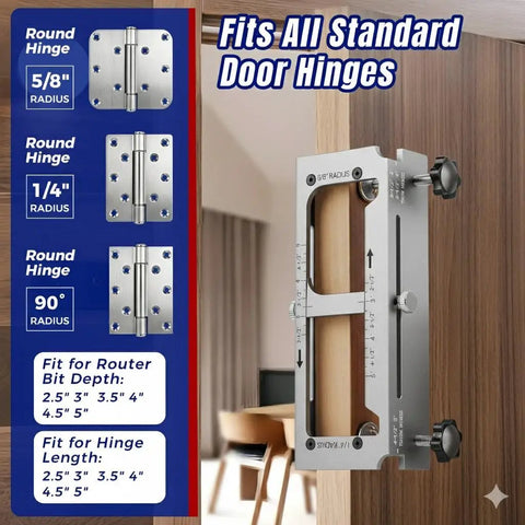 Pro Grade Dead Nuts Precise Door Hinge Template Kit For Router Adjustable Mortise Jig on wood with various hinge radius measurements.