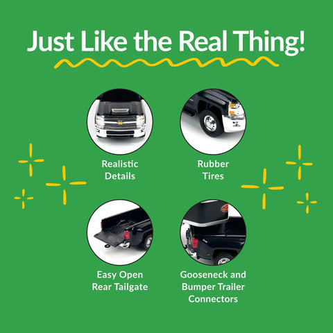 Image of Chevrolet Silverado Dually Toy Truck With Trailer Hitch Realistic 1 To 20 Scale Farm Toy For Kids And Collectors features.